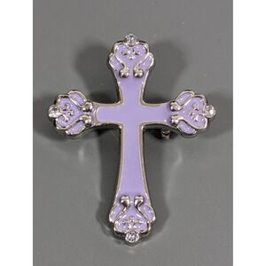Vintage Harvey Lewis Purple Enamel Rhinestone Cross Brooch Silver Tone Signed